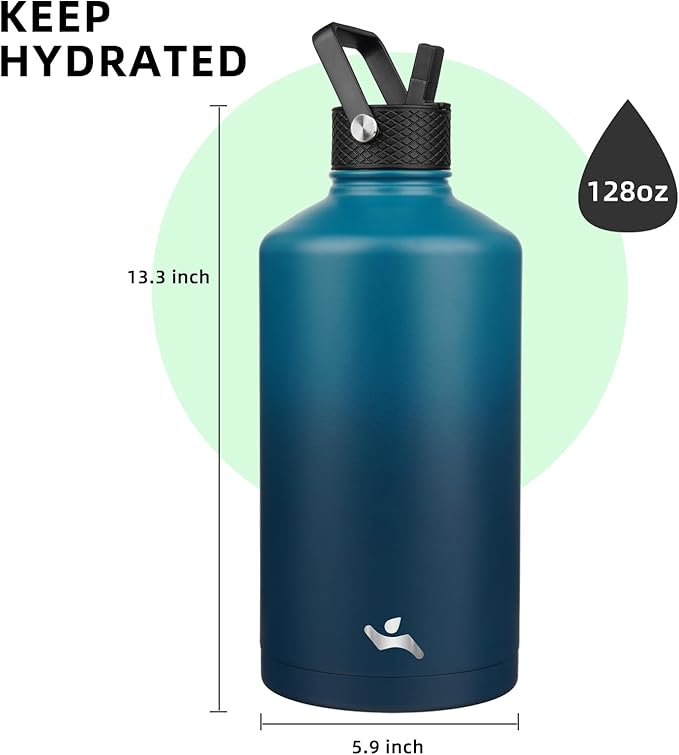 Konokyo Gallon Insulated Water Bottle with Straw,128 oz 3 Lids Water Jug with Carrying Bag,Paracord Handle, Double Wall Vacuum Stainless Steel Metal Flask,Indigo Black