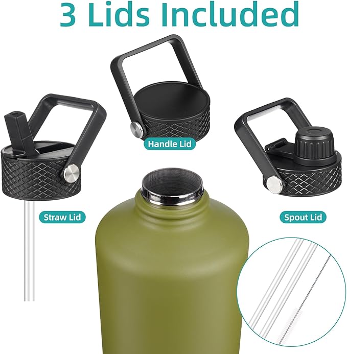 Konokyo Gallon Insulated Water Bottle with Straw,128 oz 3 Lids Water Jug with Carrying Bag,Paracord Handle, Double Wall Vacuum Stainless Steel Metal Flask,Forest Green