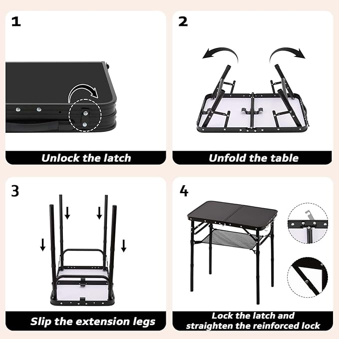 YihuiKo Folding Picnic Table with Storage Net, Matte Black Aluminum Folding Table 23.6" x 15.8", Adjustable Height Max 27.5", Lightweight Portable for Camping Travel Grill Indoor