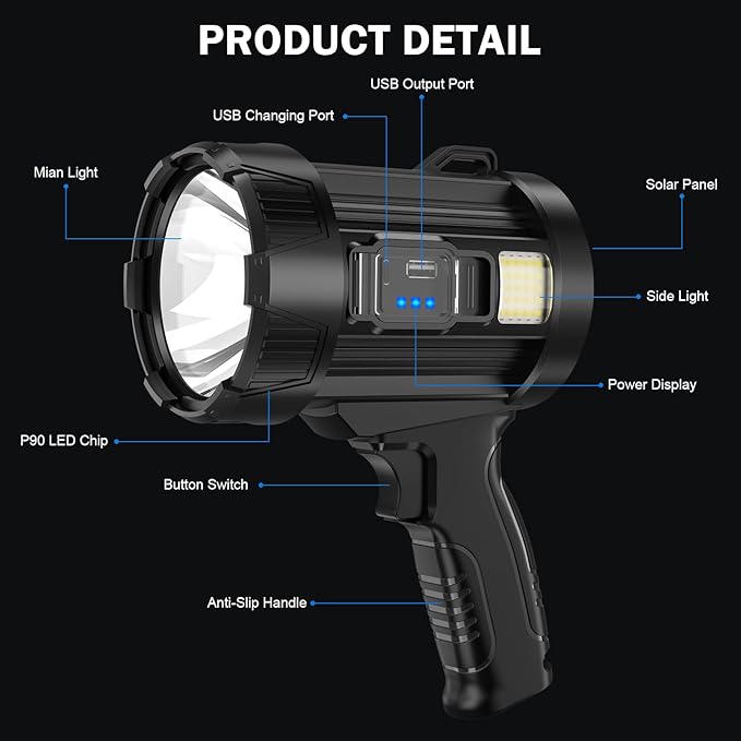 2,000,000 Lumens Rechargeable Spotlight Flashlight, Super Bright Handheld LED Spot Light with Solar Panels, COB Light & 3 Color Filters, IPX5 Waterproof for Camping, Boating, Home