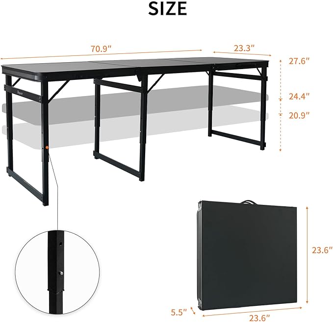 6FT x 2FT Folding Camping Table with Aluminum Alloy Legs, Adjustable Height Portable Outdoor Picnic Table for Camping, Travel, Parties, Kids Crafts, and Market Vendor Use