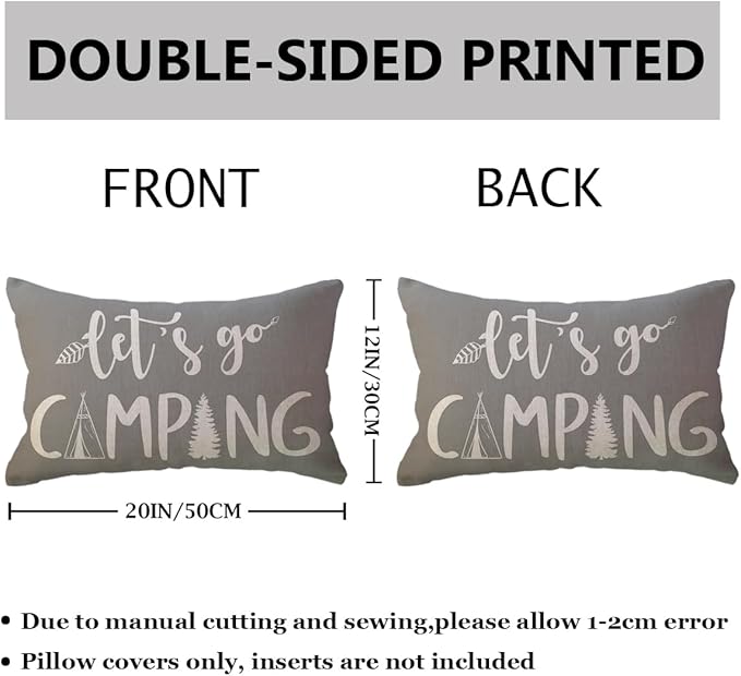 ULOVE LOVE YOURSELF Adventure Camper Decorative Lumbar Pillowcase Double-Sided Let’s Go Camping/Adventure Awaits Throw Pillow Covers Cabin/Camper Cushion Covers 12x20,2Pack for Sofa/Couch/Porch(Grey)