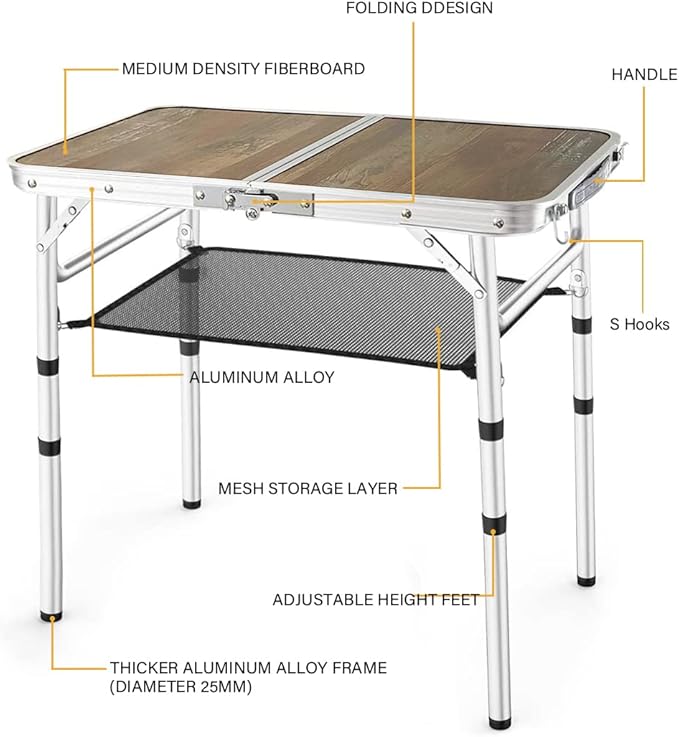 YihuiKo Small Folding Table, 3 Adjustable Heights Picnic Table, Outdoor Folding Table with Storage Mesh Layer, Portable Table for BBQ, Patio, and Indoor
