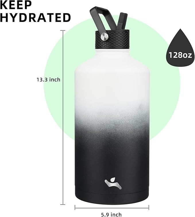 Konokyo Gallon Insulated Water Bottle with Straw,128 oz 3 Lids Water Jug with Carrying Bag,Paracord Handle, Double Wall Vacuum Stainless Steel Metal Flask,Day Night