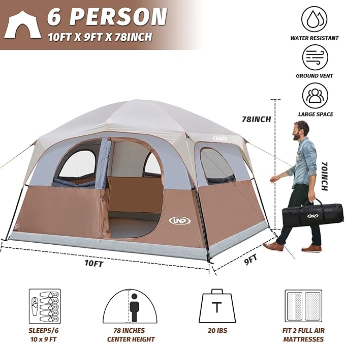 UNP Tents 6 Person Waterproof Windproof Easy Setup,Double Layer Family Camping Tent with 1 Mesh Door & 5 Large Mesh Windows -10'X9'X78in(H)