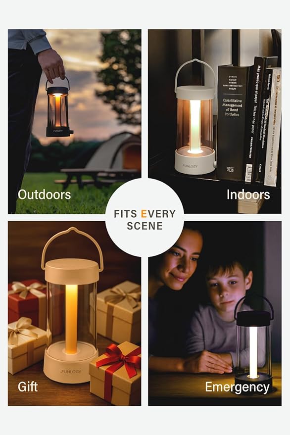 FUNLOGY Lantern - Rechargeable LED Camping Lantern, Vintage 360° Dimmable Light , 4000mAh Power Bank, High CRI 95, IPX4 Water-Resistant, Portable for Home, Emergency, Outdoor, Black