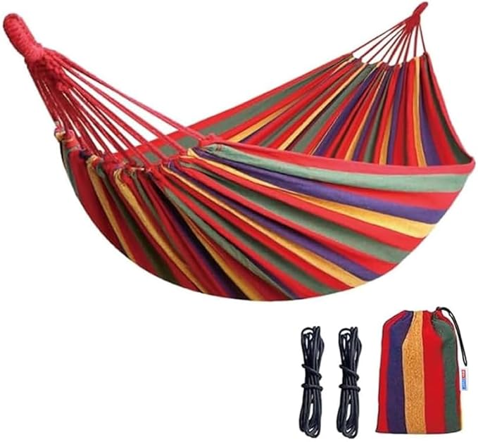 Cotton Canvas Hammock, Comfortable Fabric Camping Hammock with Tree Straps, Up to 440lbs with Travel Bag for Camping Outdoor/Indoor Patio Backyard(Rainbow, Without bar)