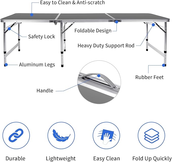 Moosinily Camping Table 6FT Folding Table Large 3 Adjustable Height Portable Picnic Camp Aluminum Outdoor Table Picnic BBQ Black
