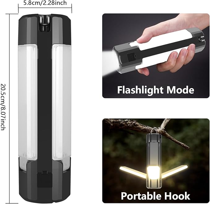 Otovoda Solar Camping Light, USB Rechargeable LED Camping Lantern with 7 Light Modes, Hook, Magnetic Base, Foldable Emergency Flashlight for Tent Hiking Hurricane Home Power Outages (3600mAh, Black)