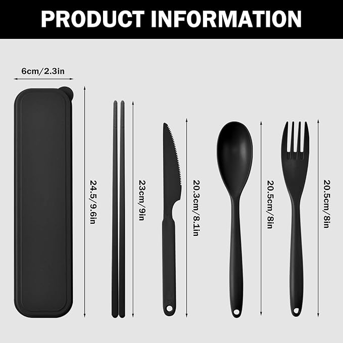 Large Reusable Travel Utensils Set with Case, Plastic Set for Adults Travel Picnic Camping, Portable Flatware Cutlery Set with Chopsticks for Daily Use(Black)
