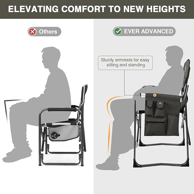 EVER ADVANCED Aluminum Lightweight Folding Director Chair, 350lbs Heavy Duty Camping Chair with Side Table & Storage, 19" Joint-Friendly Height Easy to Stand, Portable Makeup Artist & Vendor Chair