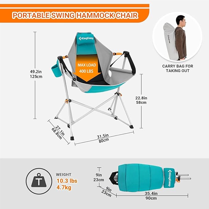 KingCamp Hammock Camping Chair, Swinging Portable Camp Chairs for Adults, 400lbs Heavy Duty Oversized Folding Rocking Chair with Adjustable Recline, Aluminum Alloy Frame for Outdoor Patio Beach Sport