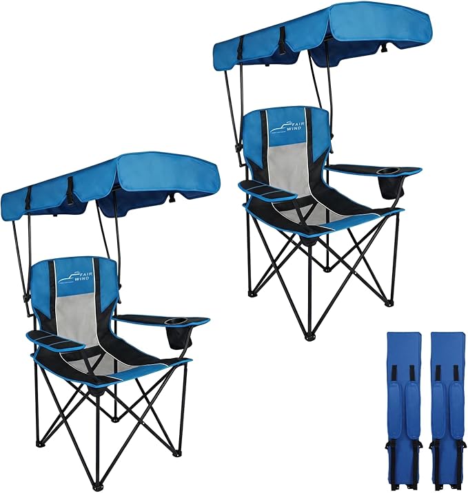 FAIR WIND 2 Pack Portable Canopy Camping Chair 380 LBS Capacity Heavy Duty Oversized Folding Lawn Chair with Sunshade for Beach, Fishing, Sports & Outdoors