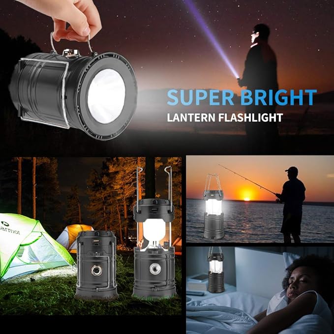 Censinda LED Camping Lantern, Solar and Rechargeable Lantern Flashlight Collapsible and Portable Light for Daily/Camp/Hiking/Night Fishing/Emergency/Hurricanes/Storm(Black, 1 Pack)