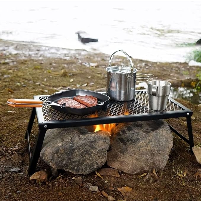 Extra-Thick Portable Folding BBQ Grill-Camping Iron Electrophoresis Rustproof Grill with Heat-Resistant Grid,Doublesas Dish Rack & CampTable(15.9''x11.8''x7.3'')