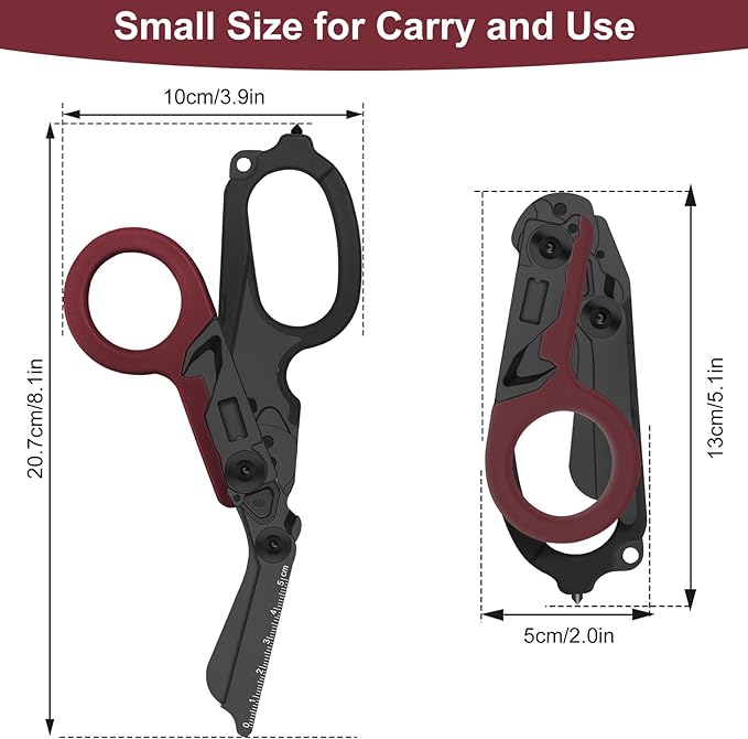 6-in-1 Heavy-Duty Emergency,trauma shears, Folding Retractable Emergency Shears, Outdoor Camping Tools, Seat Belt Cutter, Complimentary Adjustable Wrench (Electroplated black and red)