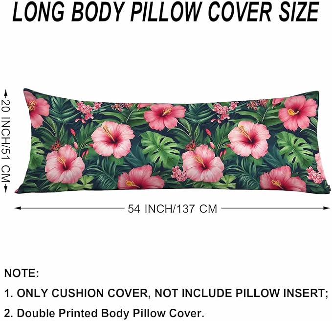 Decorative Home Body Pillow Covers Tropical Leaves, Breathable Body Cushion Cases Hawaii Hibiscus Palms Lumbar Pillow Cover Soft Body Pillowcase for Bedroom Couch Sofa 20x54 Inch Green Red