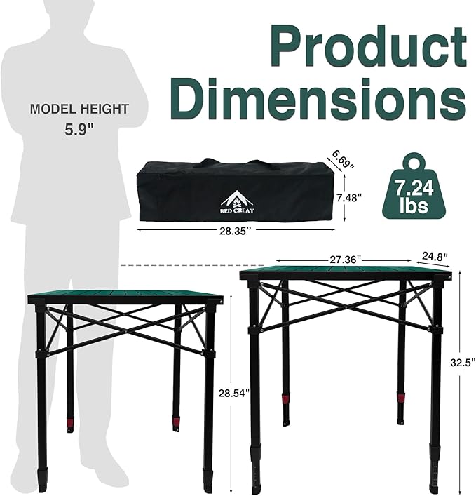 Camping Table Portable Foldable with Adjustable Height, Lightweight Collapsible Aluminum Roll-Up Camp Table with Storage Bag & Carry Bag, Heat-Resistant for RV Picnic BBQ Camping (Large 28"×25")