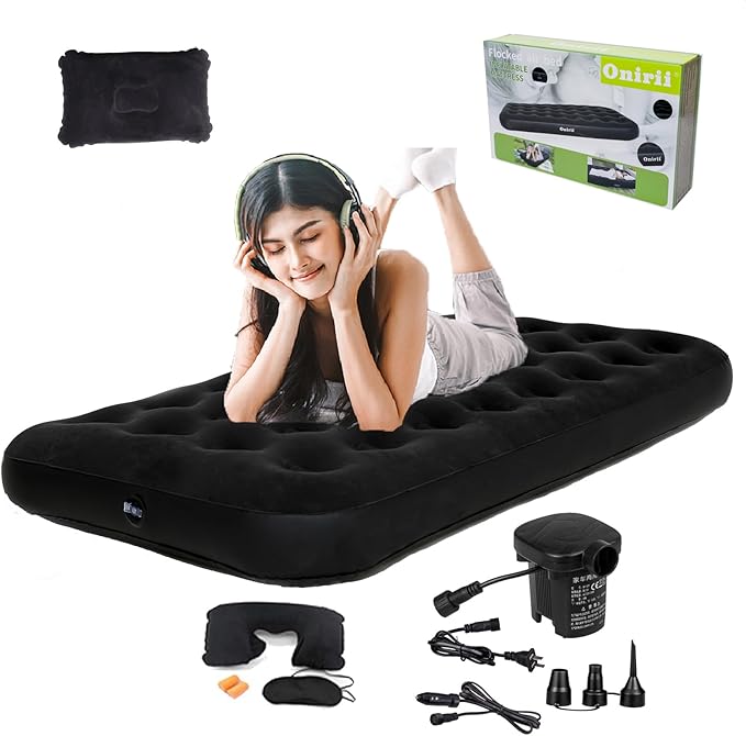 Onirii Twin Size Single Camping Air Mattress Bed with Air Pump,75"x 39"Thickened Portable Inflatable Mattress Blow Up Air Mattress,Travel Sleeping Bed Pad for Camping Home Hiking(Black)