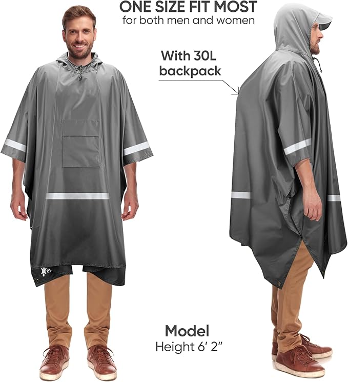 PTEROMY 3-in-1 Hooded Rain Poncho for Adult with Pocket, Waterproof Lightweight Unisex Raincoat for Hiking Camping Emergency