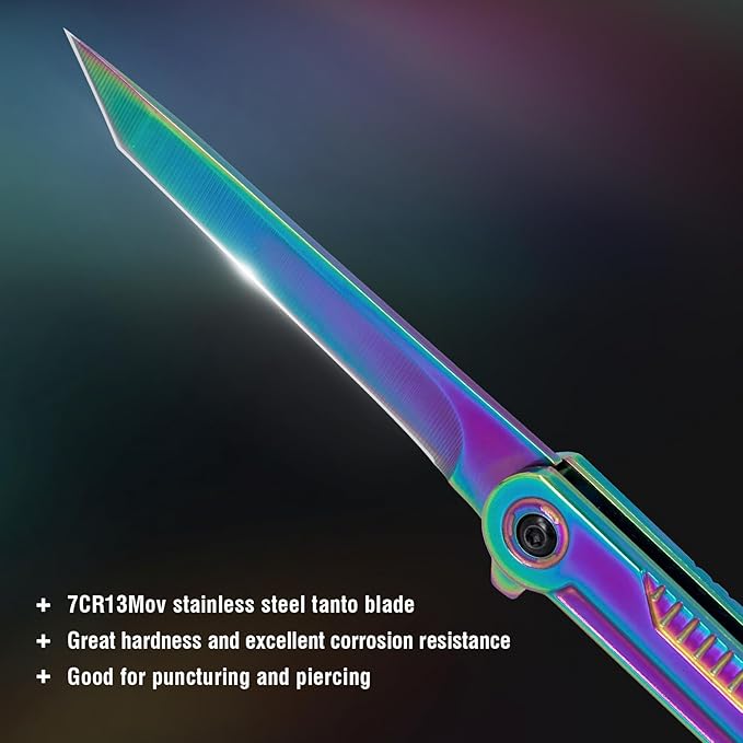 FUNBRO Rainbow Pocket Knife for Men & Women - EDC Folding Knives with Clip, Glass Breaker, Flipper and Liner Lock for Self Defense - Cool Survival Knife for Outdoor Camping