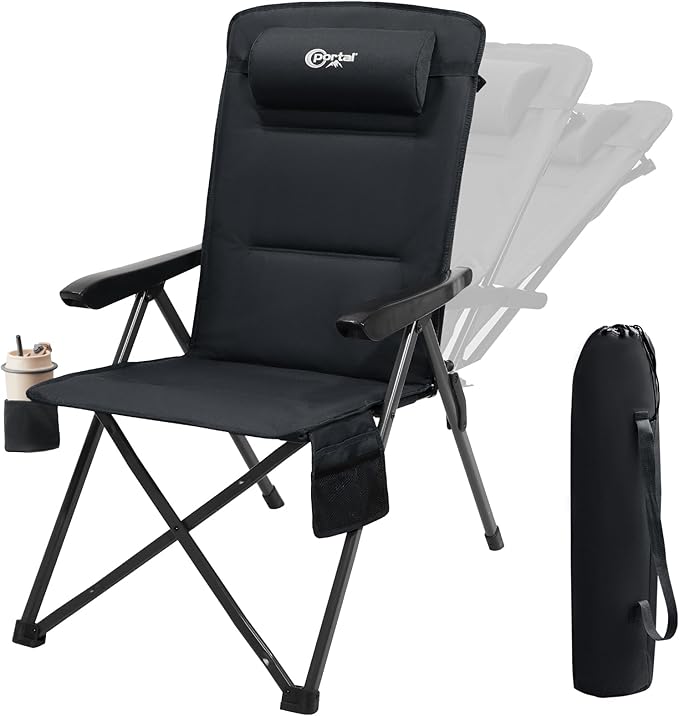 Portal Reclining Camping Chair with Adjustable Back Folding Camp Recliner for Adults Portable High Back Oversized, 350LBS (Black)