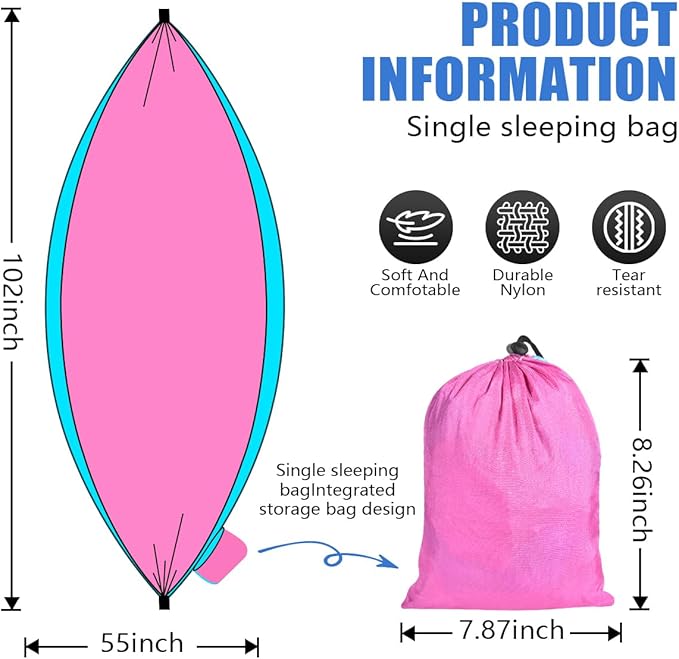 OBTANIM Camping Hammock 500lbs Portable Lightweight Single or Double Hammock with Tree Straps and Carry Bag for Camping Backpacking Hiking Travel Beach Outdoor Indoor (Blue and Pink)