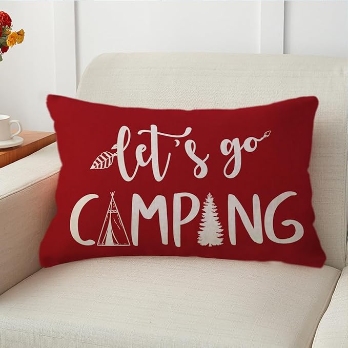 ULOVE LOVE YOURSELF Adventure Camper Decorative Lumbar Pillowcase Double-Sided Let’s Go Camping/Adventure Awaits Throw Pillow Covers Cabin/Camper Cushion Covers 12x20,2Pack for Sofa/Couch/Porch (Red)