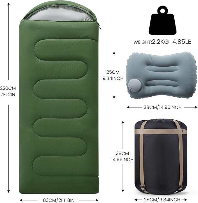 Sleeping Bags for Adults & Kids Lightweight Waterproof 3-4 Season Warm with Inflatable Pillow–Compact Portable Sleeping Bag for Cold Weather Camping, Hiking, Travel, Indoor/Outdoor Use