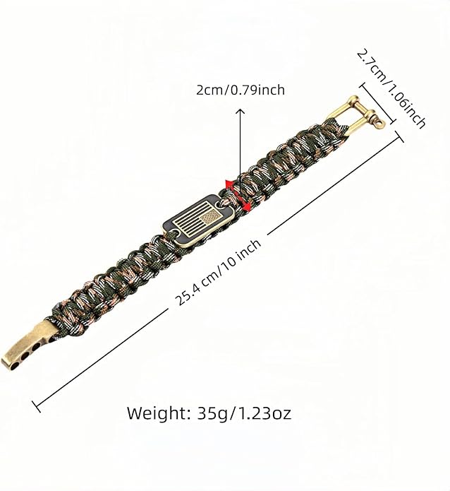 Patriotic Paracord Survival Bracelet for Men - Bronze US Flag Pendant Tactical Gear with Multi-Tool Functions, Adjustable Size (12-25cm), Green Camo Gold Thread Design