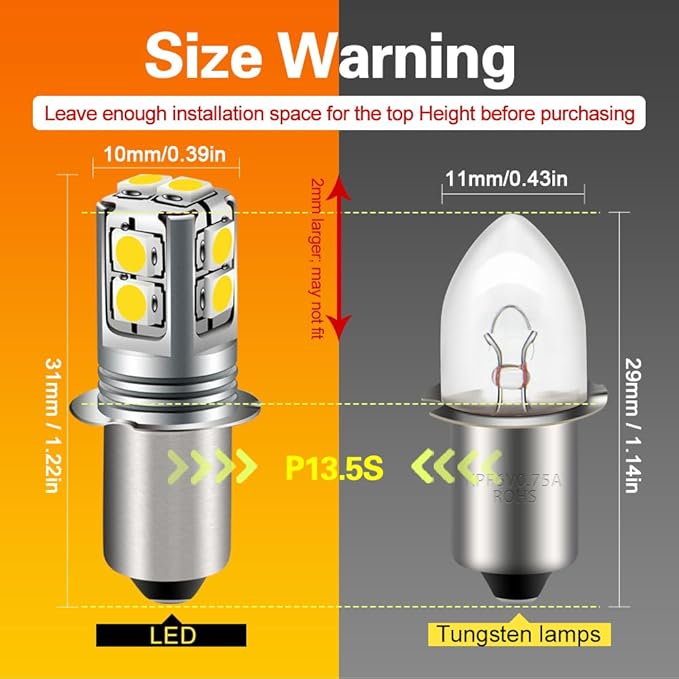 Ruiandsion White P13.5S LED Flashlight Bulb, 6-40V Universal Upgrade (6V/9V/12V/18V/19.2V/24V) Non-Polarity Replacement for Flashlight, Torch, Lantern & Work Light