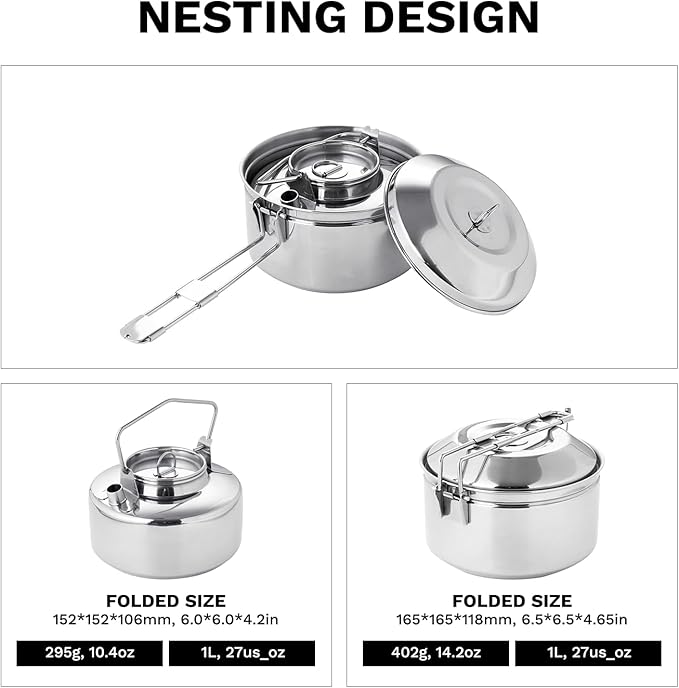 Fire-Maple Antarcti S/S Kettle Pot Set | 18-8 Stainless Steel | all Steel Construction | Ideal for Camping Bushcraft Use | Compact Cookware Set