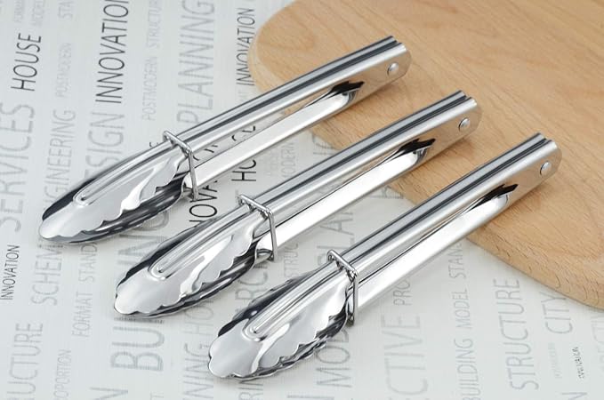 HINMAY Mini Stainless Steel Serving Tongs Small Tongs for Serving Food Cooking Salad Grilling (7-Inch 3 Pieces)