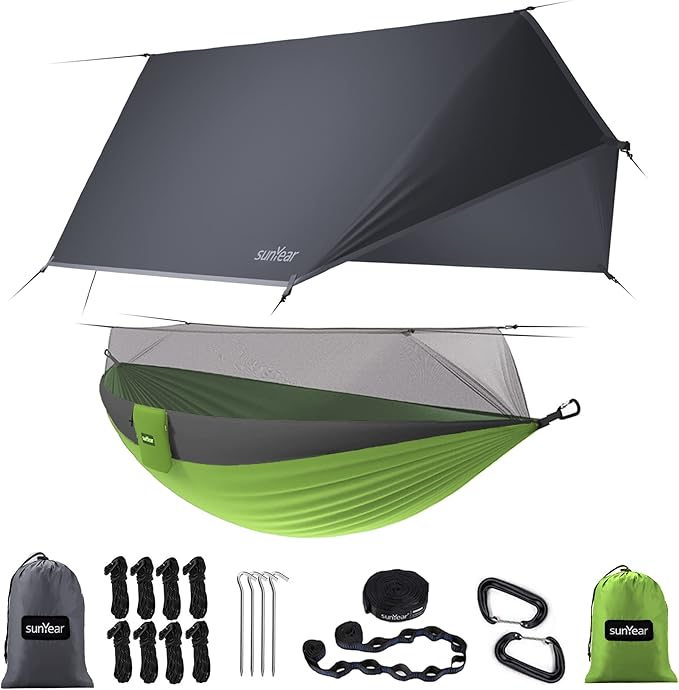 Sunyear Camping Hammock, Portable Single & Double Hammock with Net, 2 Person Hammock Tent with 2 * 10ft Straps, Best for Outdoor Hiking Survival Travel