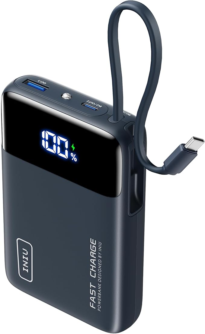 INIU 20000mAh Portable Charger, Small Power Bank, 45W PD Fast Charging Battery Pack with Build in USB-C Cable, Flight Travel Essentials Phone Charger for College Student Travelers Boys Girls, Blue