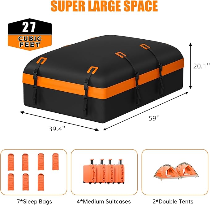 Car Rooftop Cargo Carrier Bag, 27 Cubic Feet Waterproof Soft-Shell Car Roof Bag for All Vehicle with/Without Roof Rack, Include Anti-Slip Mat, Reinforced Straps, Door Hooks and Luggage Lock