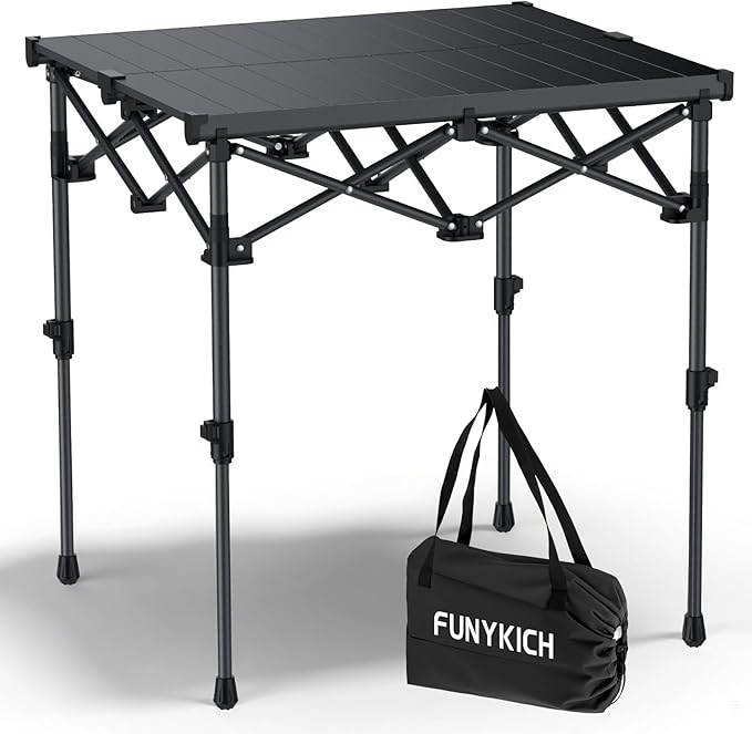 FUNYKICH Folding Camping Table(L26.4''xW22.8''), Aluminum Roll-up Portable Picnic Table with 2 Adjustable Height(17.3'' & 27.6'') for Picnic, Camping, BBQ, Party, Backyard, Beach