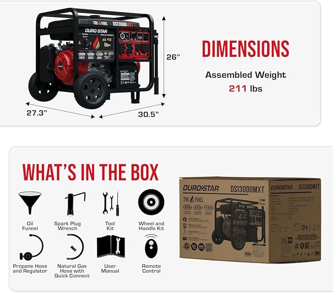 DuroStar DS13000MXT 13,000-Watt 500cc Tri Fuel Portable Generator - Gas, Propane & Natural Gas, Remote Electric Start, Whole Home Power Backup, Transfer Switch Ready, RV & Emergency Ready