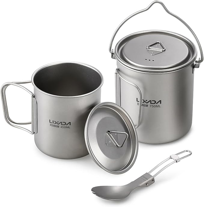 Lixada Titanium Camping Cookware with Folding Spork, 750ml Camping Titanium Pot & 450ml Coffee Mug with Foldable Handle & Lid, Portable Outdoor Cookware Set for Backpacking Hiking Cooking