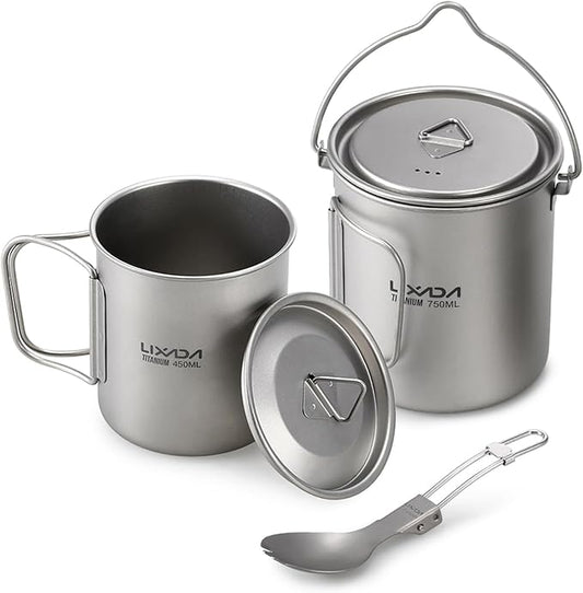 Lixada Titanium Camping Cookware with Folding Spork, 750ml Camping Titanium Pot & 450ml Coffee Mug with Foldable Handle & Lid, Portable Outdoor Cookware Set for Backpacking Hiking Cooking