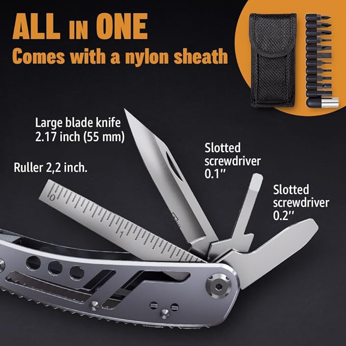 24-in-1 Multitool with Knife, Pliers & 11 Bits Sharp Stainless Steel - Multi Tool for Men - Ideal Gear with Tools for Camping Hiking, Survival, EDC - Best Gifts for Husband Boyfriend 2238