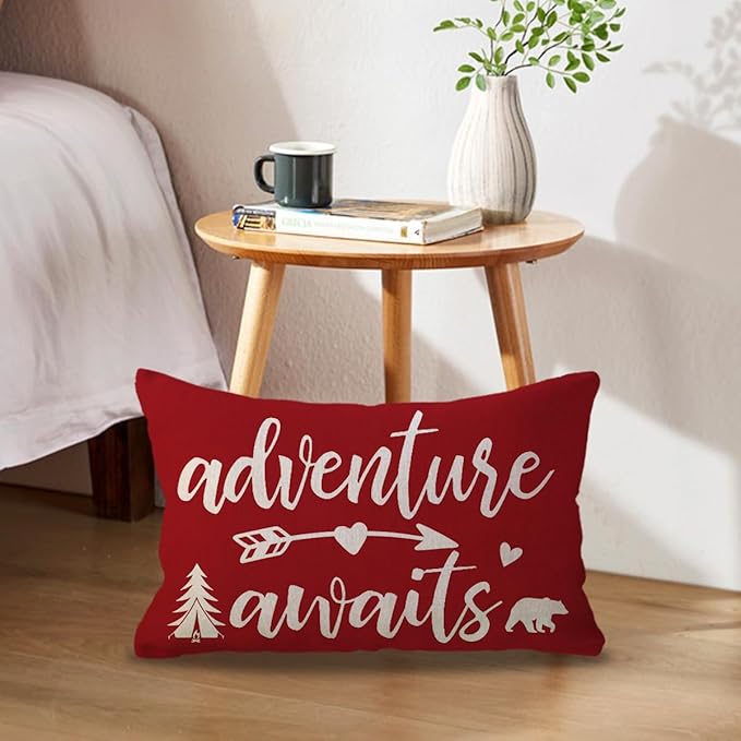 ULOVE LOVE YOURSELF Adventure Camper Decorative Lumbar Pillowcase Double-Sided Let’s Go Camping/Adventure Awaits Throw Pillow Covers Cabin/Camper Cushion Covers 12x20,2Pack for Sofa/Couch/Porch (Red)