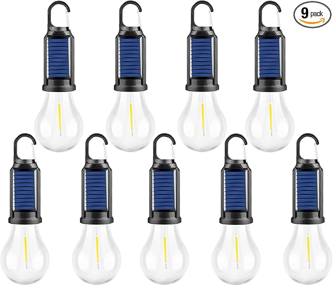 MODOAO 9-Pack Solar LED Camping Lantern, Rechargeable Outdoor Light with USB-C Charging, 3 Modes Waterproof Tent Light with Hook for Camping Emergency, Hiking, Gift