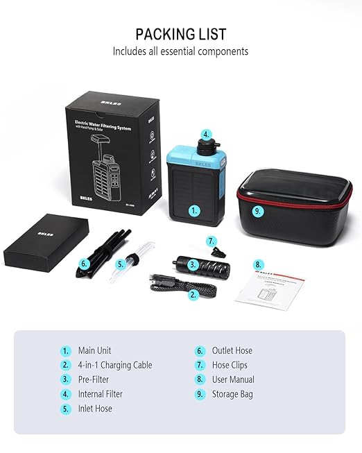 BKLES 3-in-1 Solar Electric Water Filter with Hand Pump - Camping Water Filtration System Survival, Portable Water Purifier with Emergency Light, Survival Kit for Backpacking, Birthday Gifts for Men