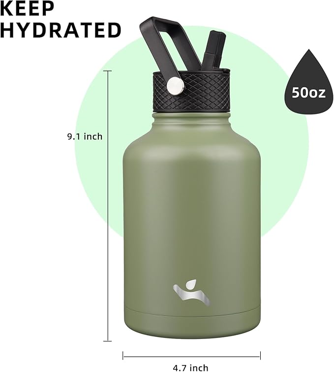 Konokyo Insulated Water Bottle with Straw,50 oz 3 Lids Water Jug with Carrying Bag,Paracord Handle,Double Wall Vacuum Stainless Steel Metal Flask,Camp Green