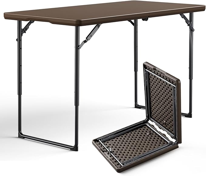 Folding Table 48" x 24" - Heavy Duty Fold-in-Half Plastic Table with Adjustable Height, Portable Utility Tables with Steel Legs for Indoor, Outdoor, Picnic, Camping, Dining, Party (Brown)