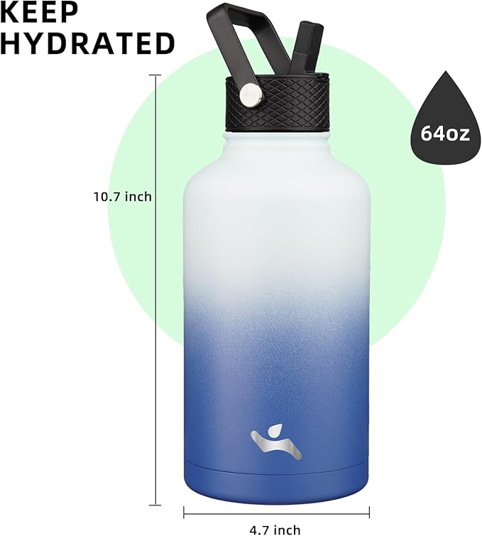 Konokyo Half Gallon Insulated Water Bottle with Straw,64 oz 3 Lids Water Jug with Carrying Bag,Paracord Handle, Double Wall Vacuum Stainless Steel Metal Flask,Sky