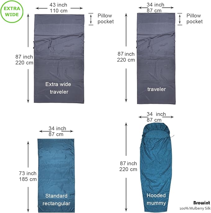 Browint Silk Sleeping Bag Liner, Silk Sleep Sack, Extra Wide 87"x43", Lightweight Travel Sheet for Hotels, More Colors for Option, Reinforced Gussets