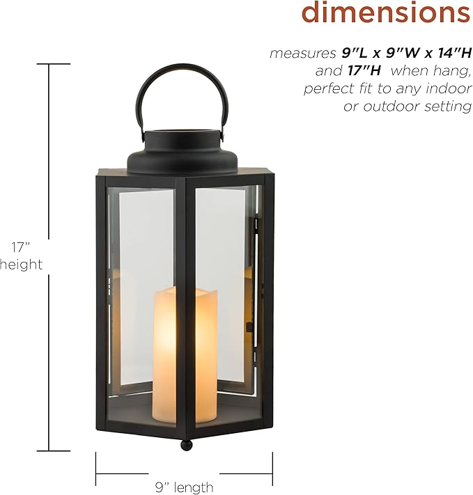 Alpine Corporation 14" Tall Outdoor Hexagonal Battery-Operated Metal Lantern with LED Lights, Black