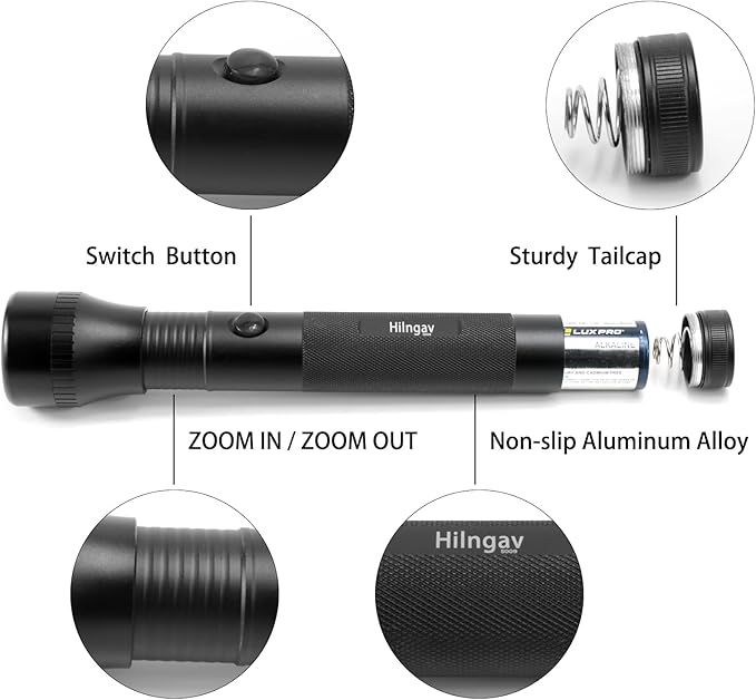 2 Pack Heavy Duty 2-Cell D Battery LED Big Flashlights, Zoomable Single Mode Aluminum Alloy Torch Flashlight, Rugged Large Flashlight for Outdoor Adventures Emergency Power Outages Camping